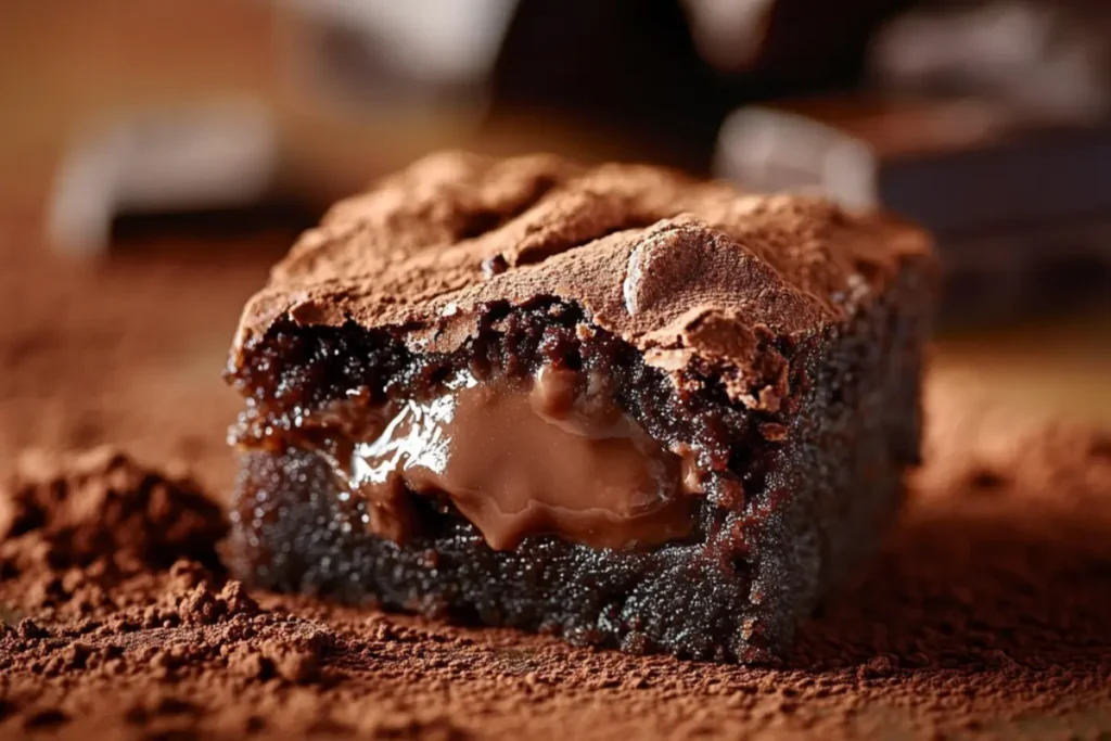 A close-up of a fudgy mini brownie with a gooey chocolate center and crispy edges.