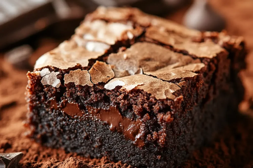 Mini brownies topped with powdered sugar and chocolate chips, served on a rustic wooden tray.