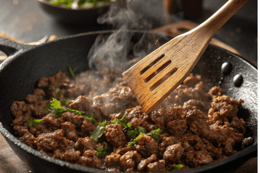 Ground beef sizzling in a skillet with seasonings for a burger bowl recipe