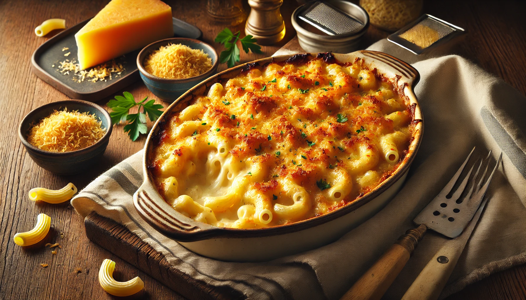 Golden-topped creamy macaroni and cheese in a baking dish.