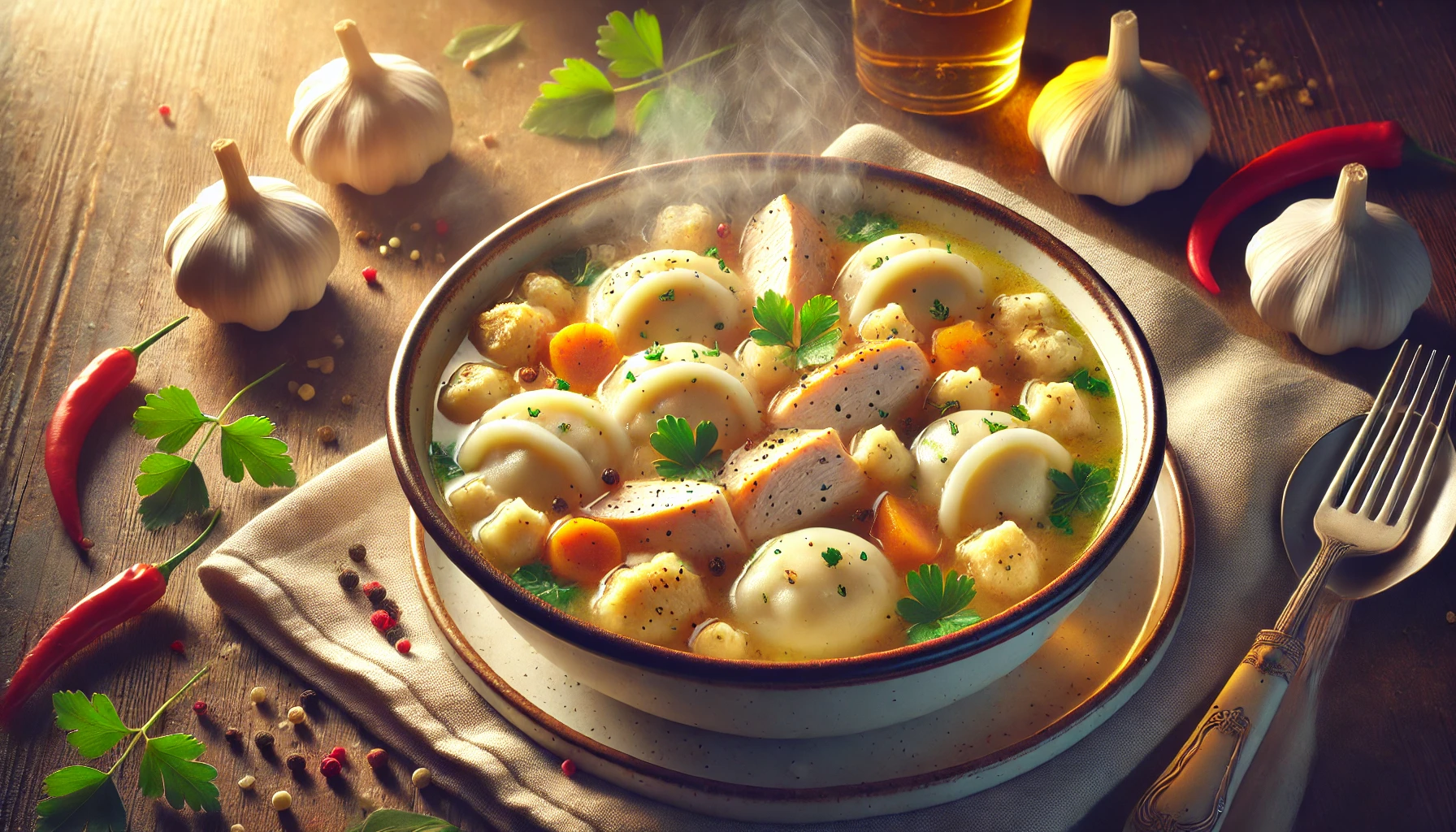 Close-up of dumplings and chicken in creamy broth