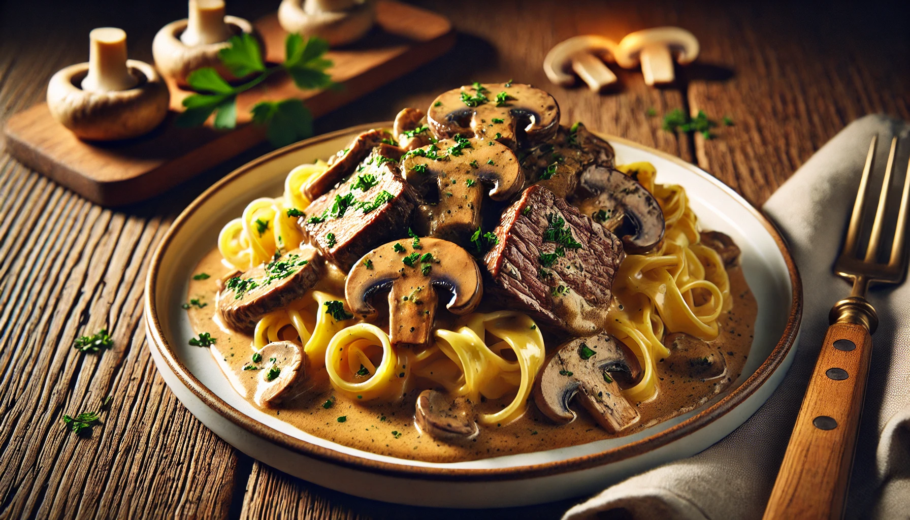 Beef stroganoff served over egg noodles with parsley garnish