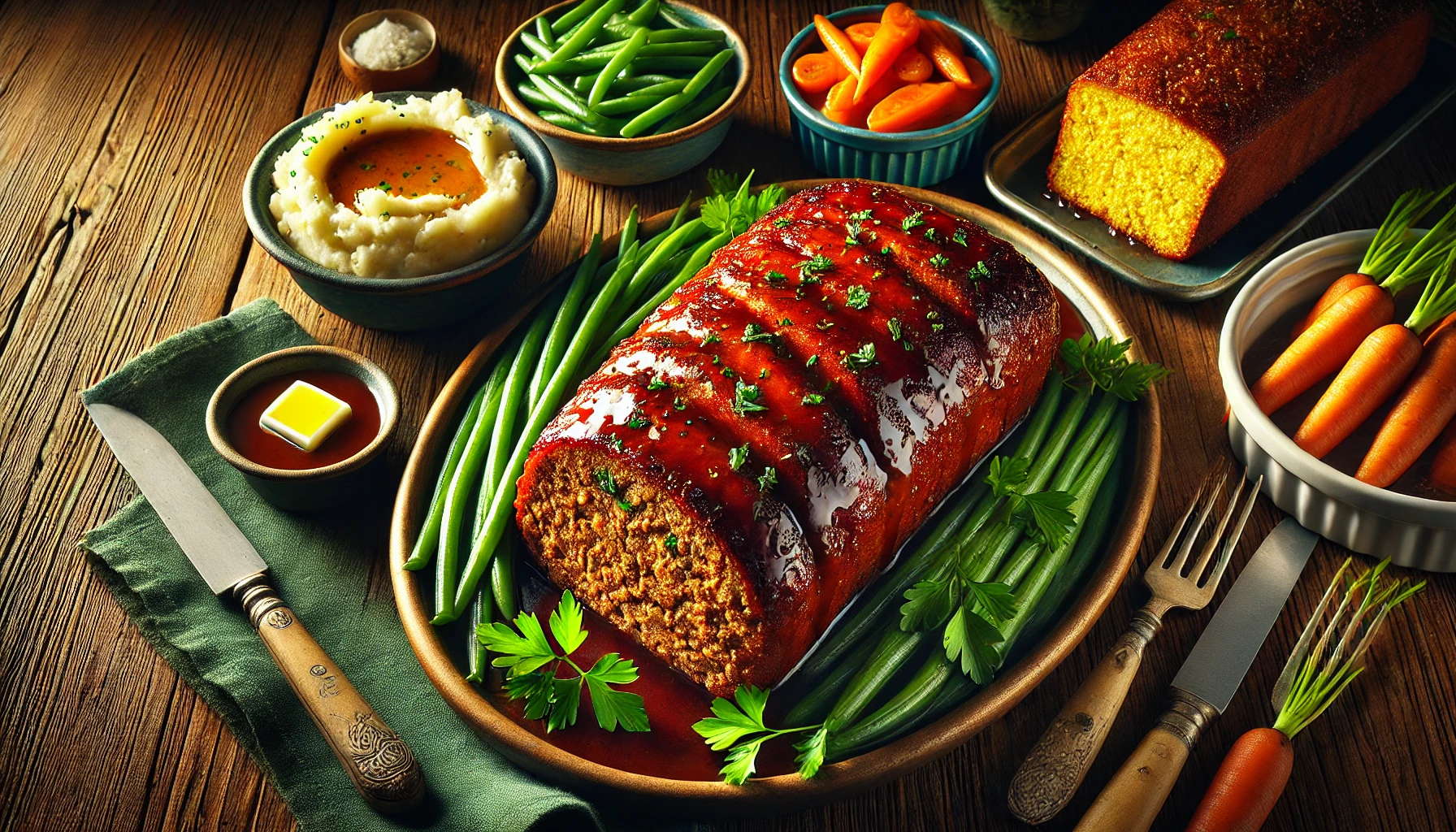 A perfectly cooked meatloaf on a serving plate, with mashed potatoes and green beans.