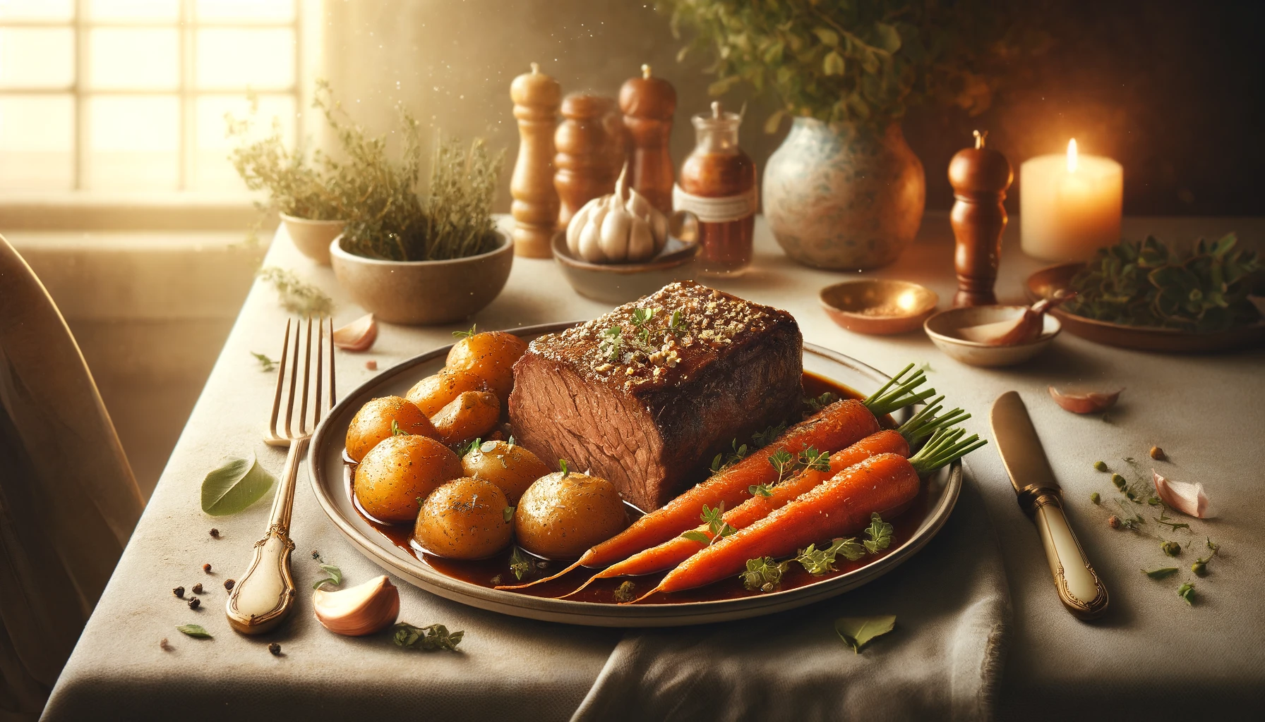 A classic pot roast with tender beef, carrots, and potatoes on a serving plate.A classic pot roast with tender beef, carrots, and potatoes on a serving plate.