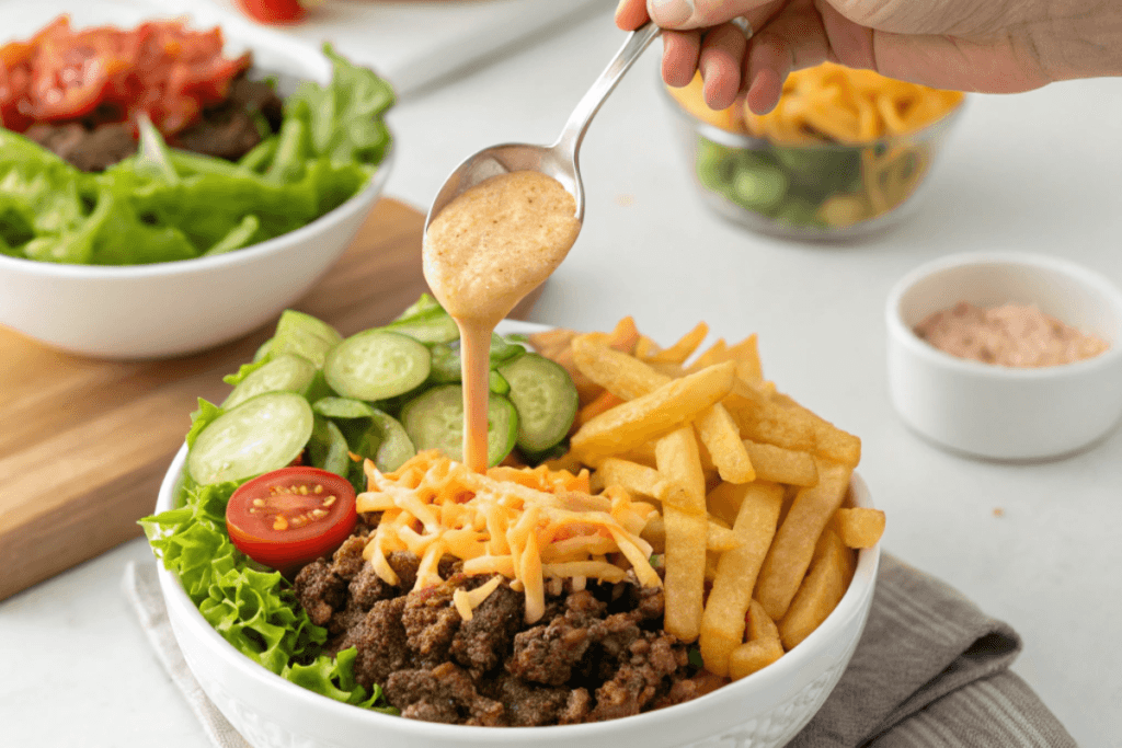 Hands assembling a burger bowl with lettuce, beef, fries, tomatoes, and sauce