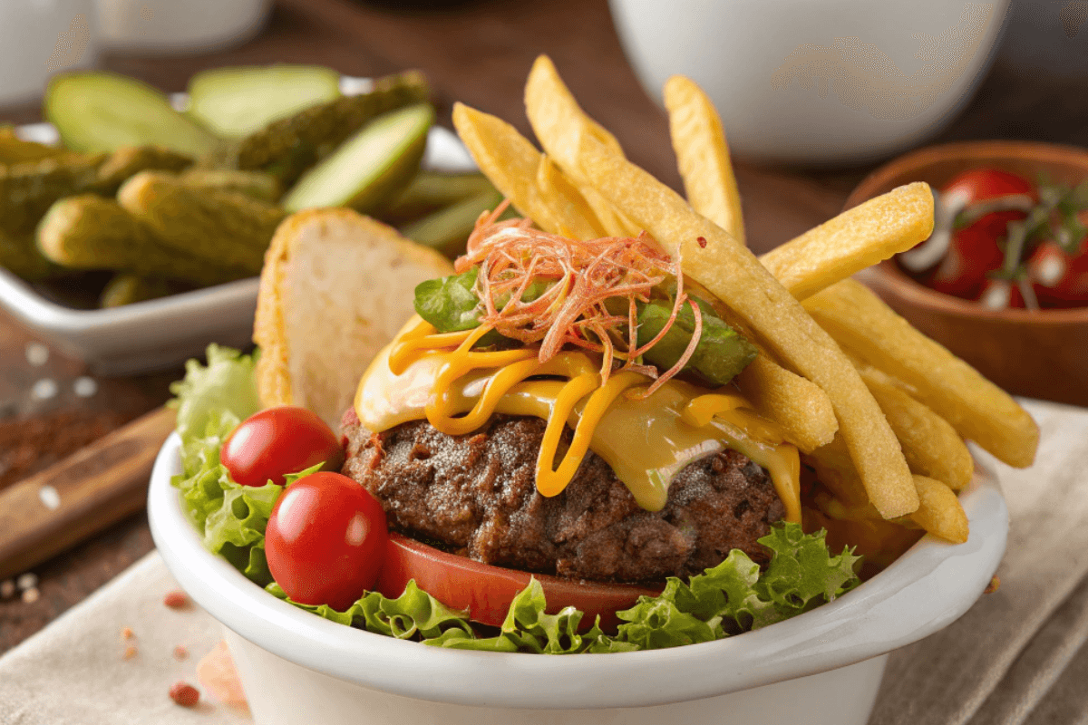 A delicious burger bowl with ground beef, lettuce, cherry tomatoes, pickles, crispy fries, cheddar cheese, and creamy burger sauce