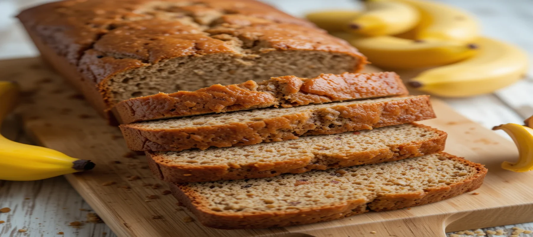 Fresh banana bread loaf on a cutting board surrounded by ripe bananas