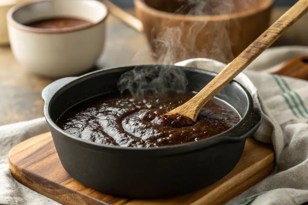 Simmering homemade vanilla bean paste in a saucepan