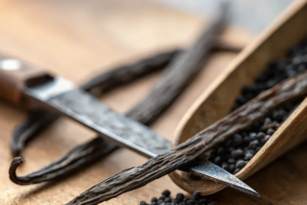 Splitting a vanilla bean to extract seeds for paste