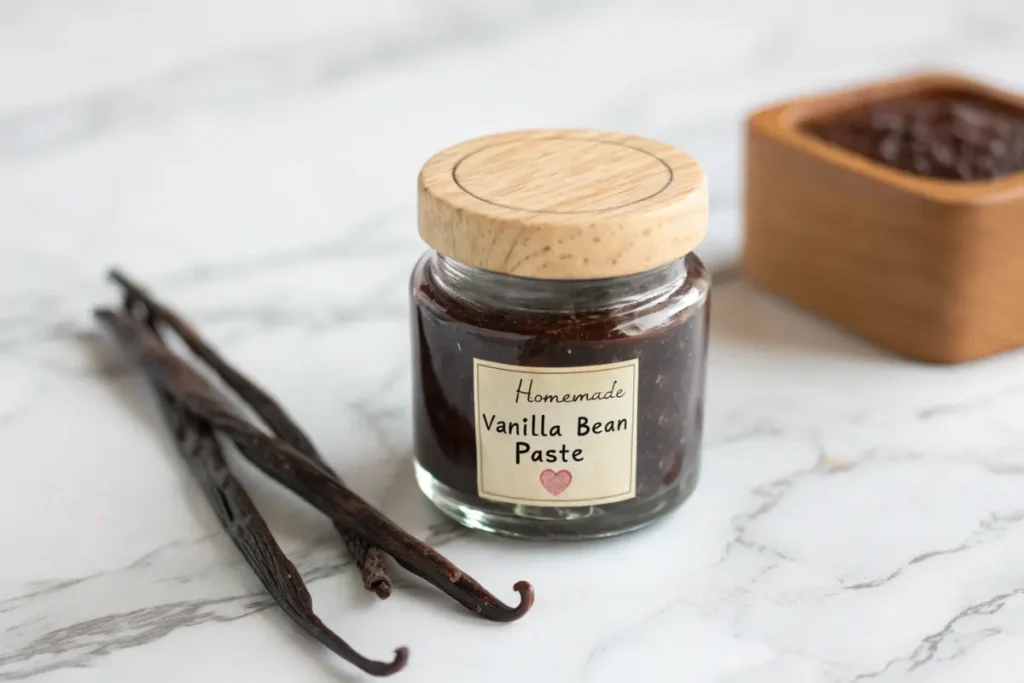 Homemade vanilla bean paste stored in a glass jar