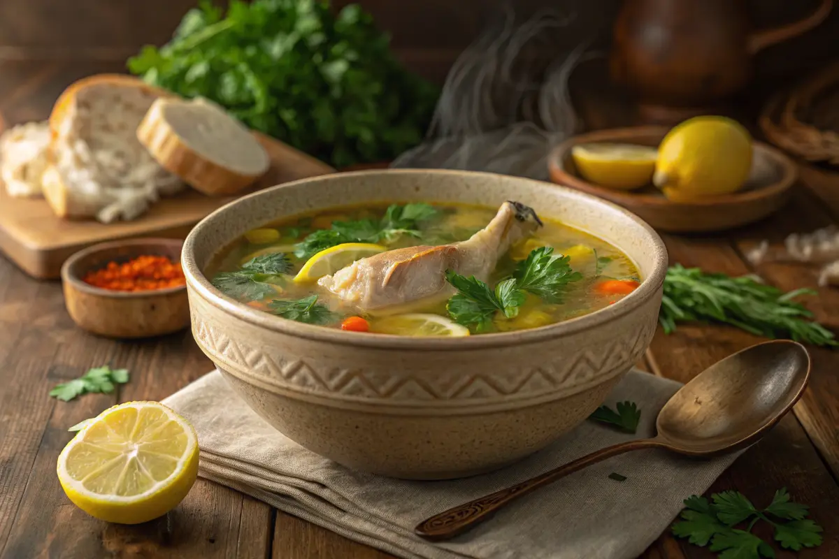 Homemade chicken leg soup with fresh parsley and lemon