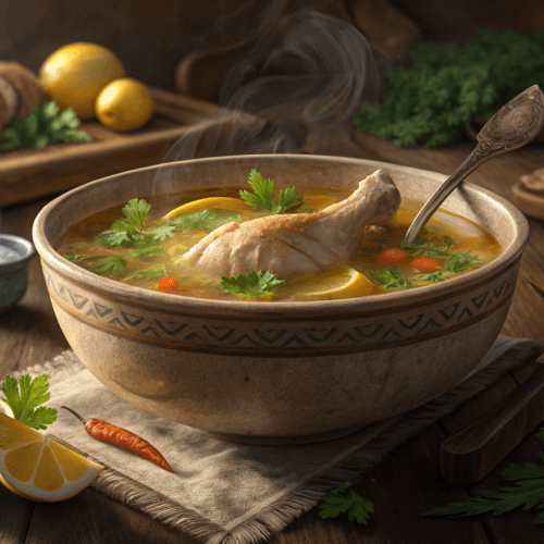 Delicious homemade chicken leg soup in a bowl