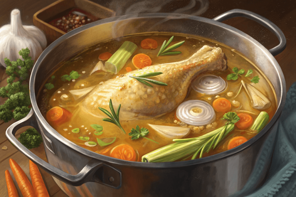 Chicken leg soup simmering in a pot