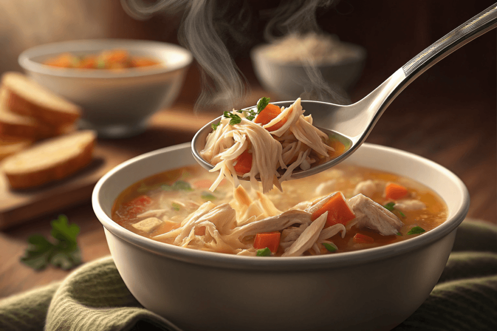 Spoon lifting shredded chicken from soup