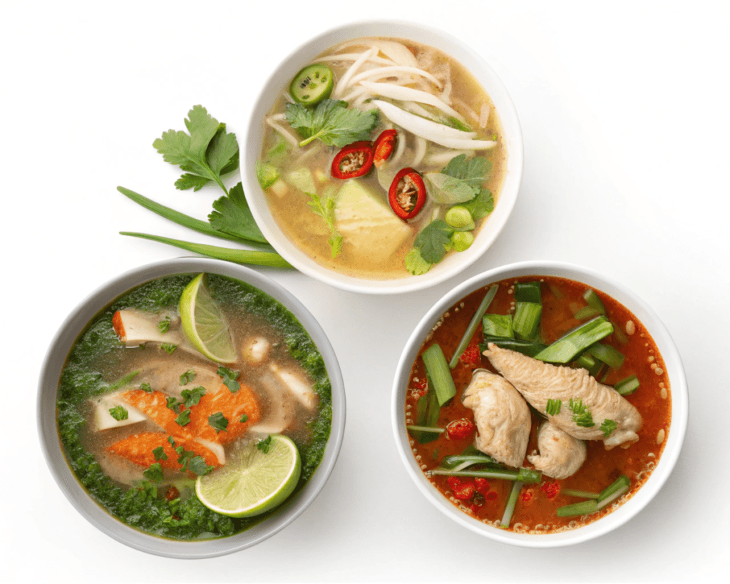 Different variations of chicken leg soup