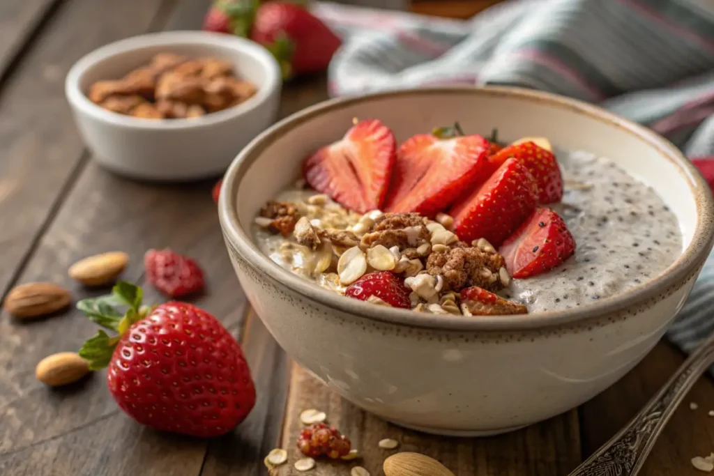 Low FODMAP overnight oats with chia pudding and strawberries