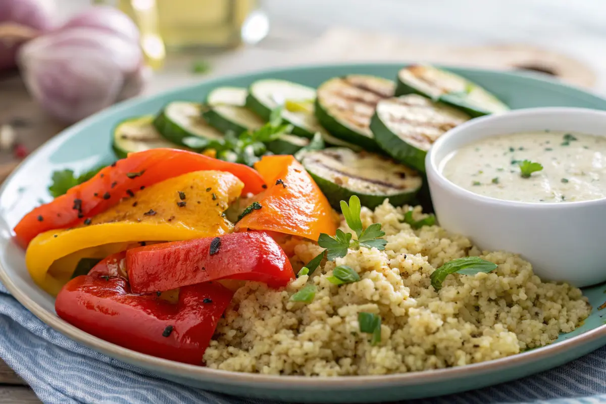 Low FODMAP vegetarian meal with quinoa and roasted vegetables