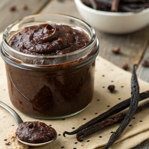 Homemade vanilla bean paste in a glass jar with visible vanilla specks