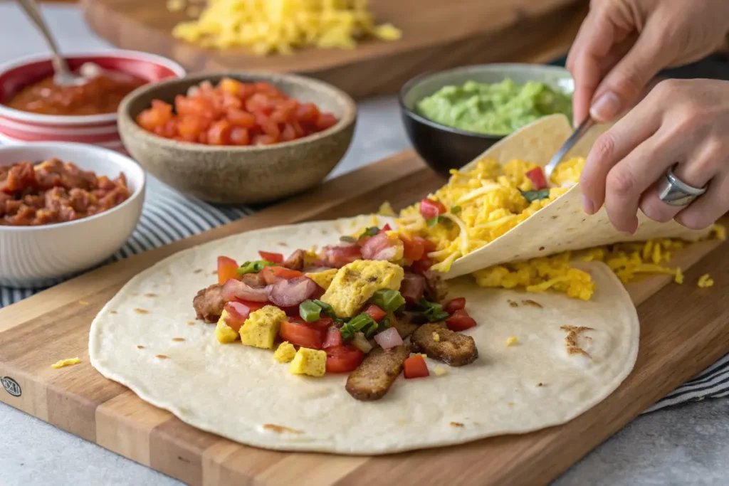 Breakfast burrito being assembled with scrambled eggs, bacon, cheese, and fresh vegetables on a tortilla