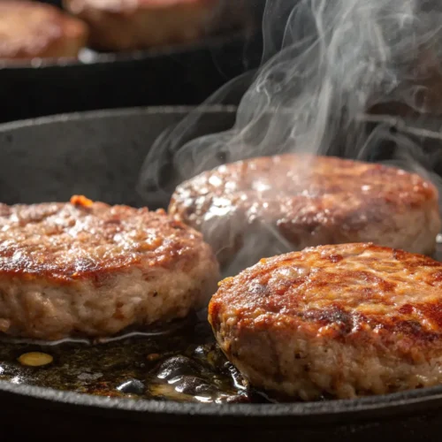 Juicy homemade breakfast sausage patties frying in a skilletJuicy homemade breakfast sausage patties frying in a skillet