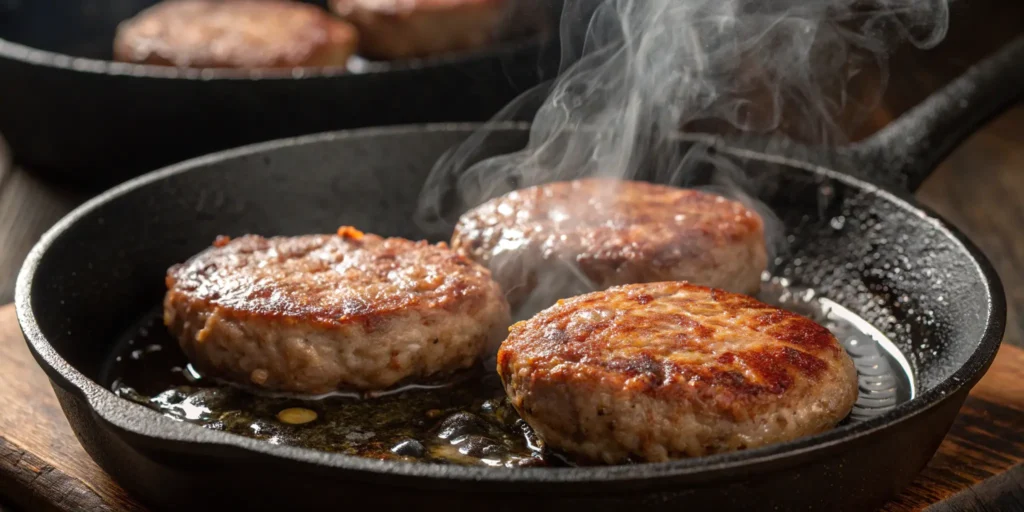 Juicy homemade breakfast sausage patties frying in a skillet