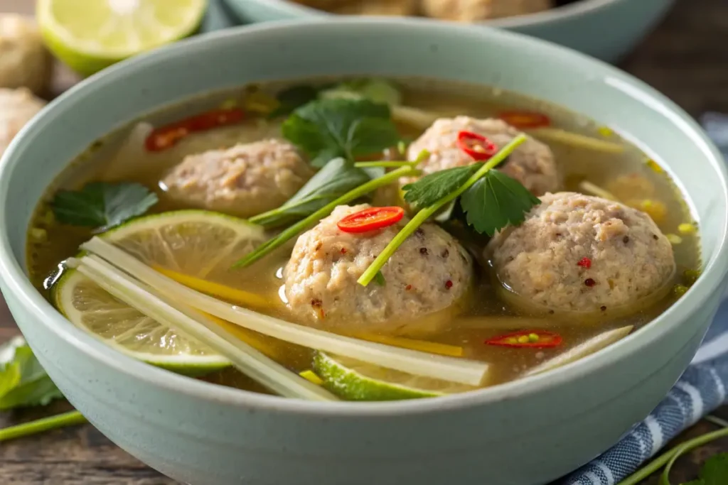 Thai chicken meatballs simmering in aromatic soup.