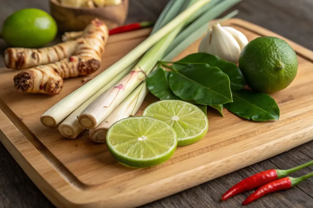 Thai herbs for chicken meatball soup preparation.