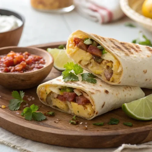 Classic breakfast burrito filled with fluffy scrambled eggs, crispy bacon, melted cheese, and fresh salsa