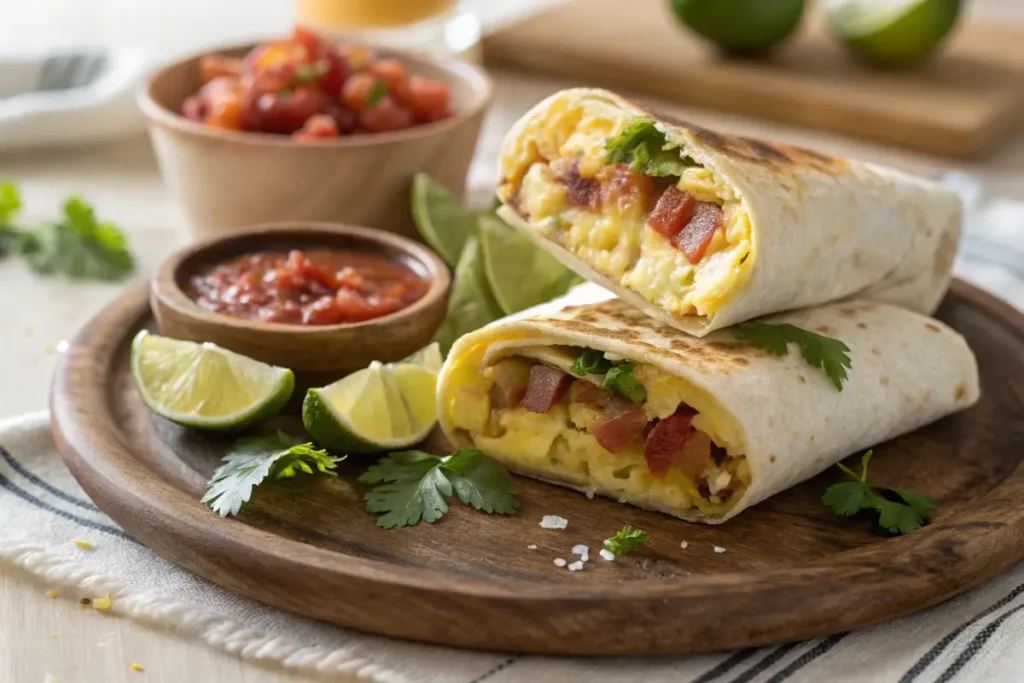 Golden-brown toasted breakfast burrito served with black beans and Mexican rice