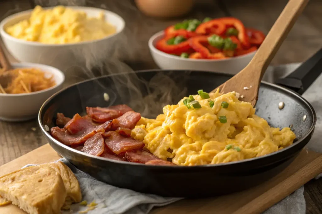 Scrambled eggs being cooked in a pan with crispy bacon sizzling in the background.