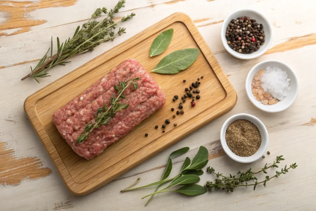 Ingredients for homemade breakfast sausage, including ground pork and spices