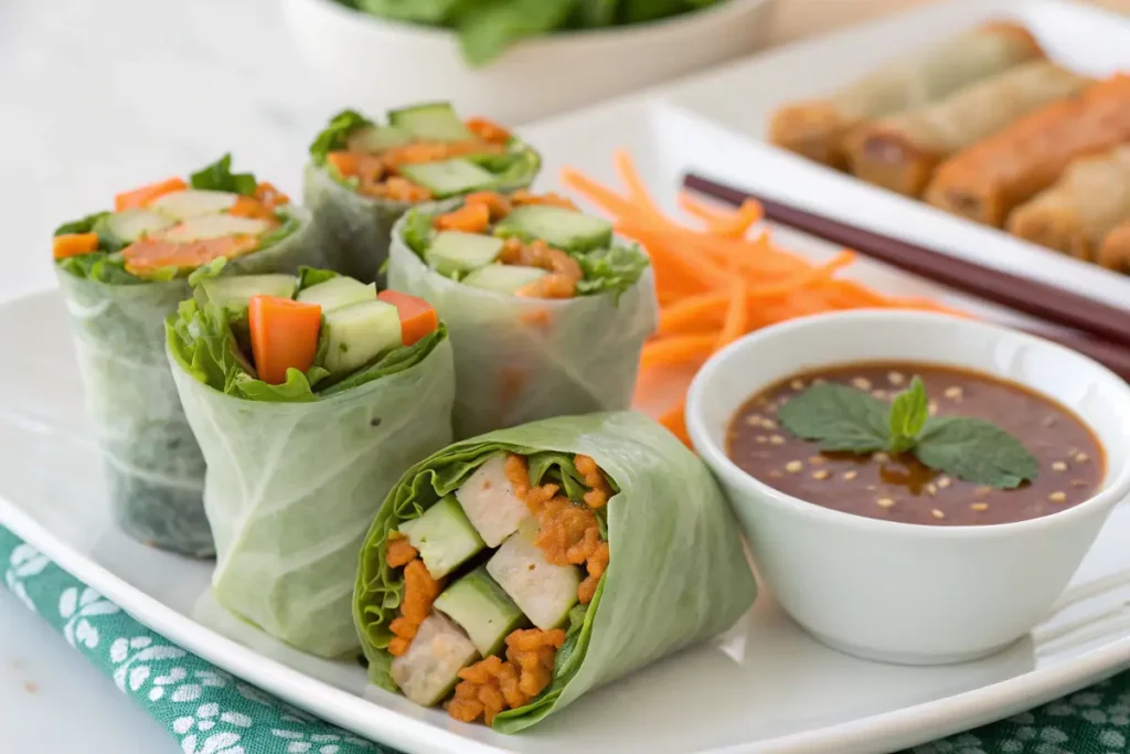 Low FODMAP rice paper rolls with tempeh and vegetables