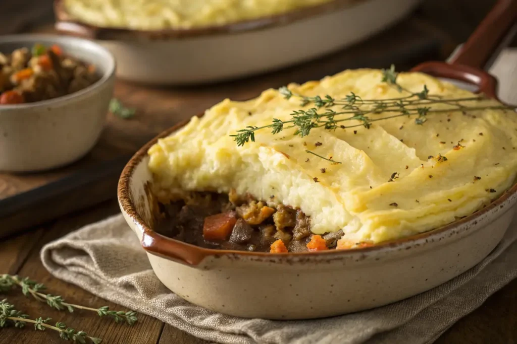 Low FODMAP vegan shepherd’s pie with mashed potatoes