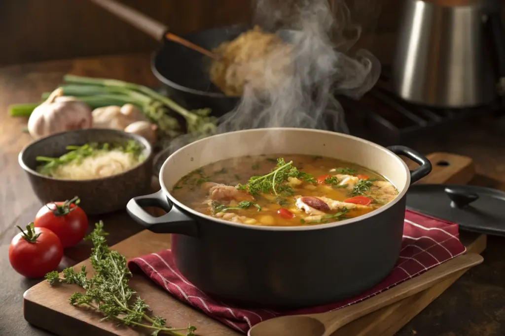 Chicken soup simmering on the stove for mucus relief