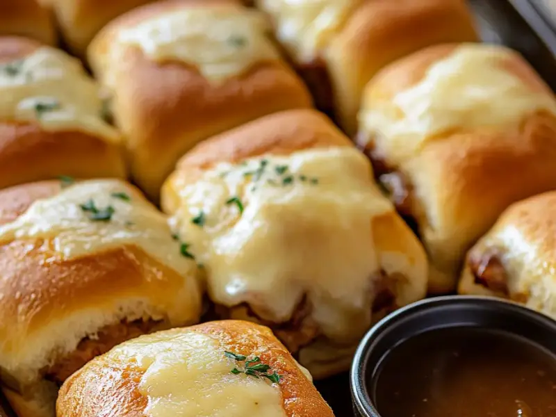 Hawaiian Rolls French Dip Slider being dipped into au jus sauce