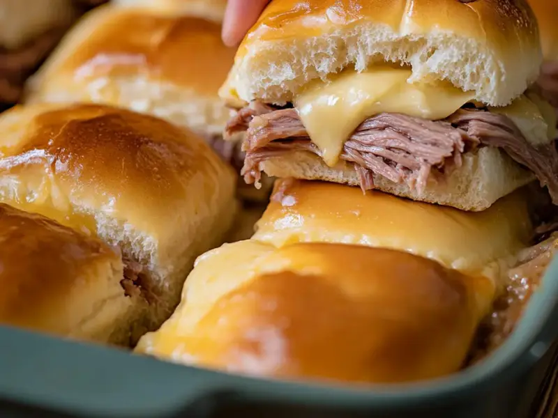 Hawaiian Rolls French Dip Sliders with melted cheese and au jus sauce