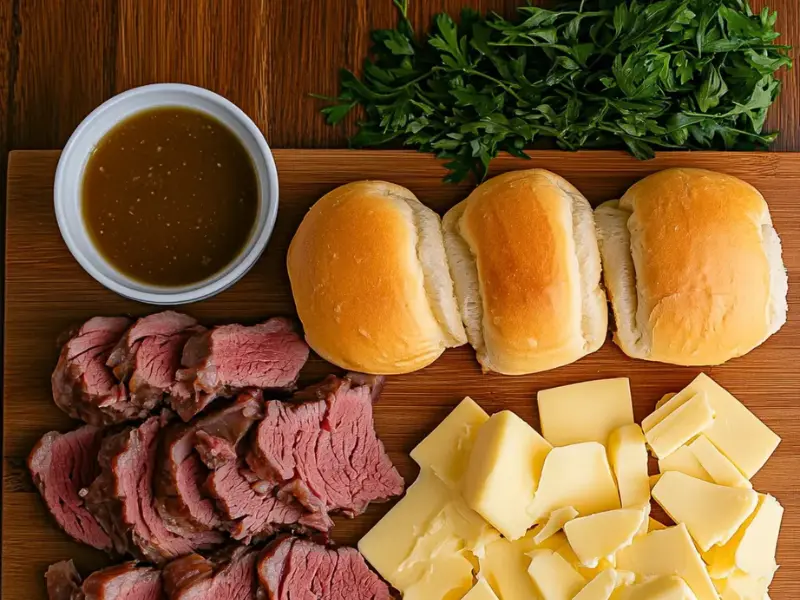 Ingredients for Hawaiian Rolls French Dip Sliders on a wooden board