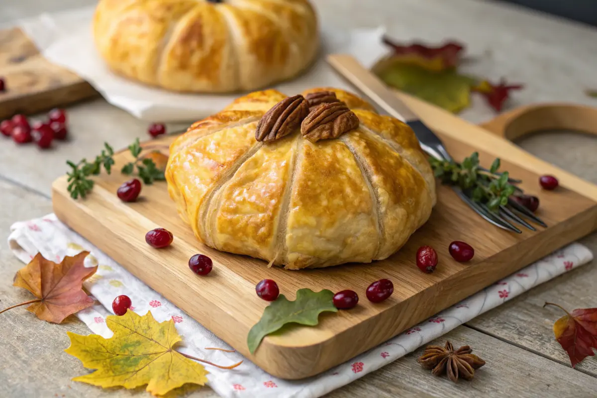 Pumpkin-shaped baked brie with golden crust on a wooden board.