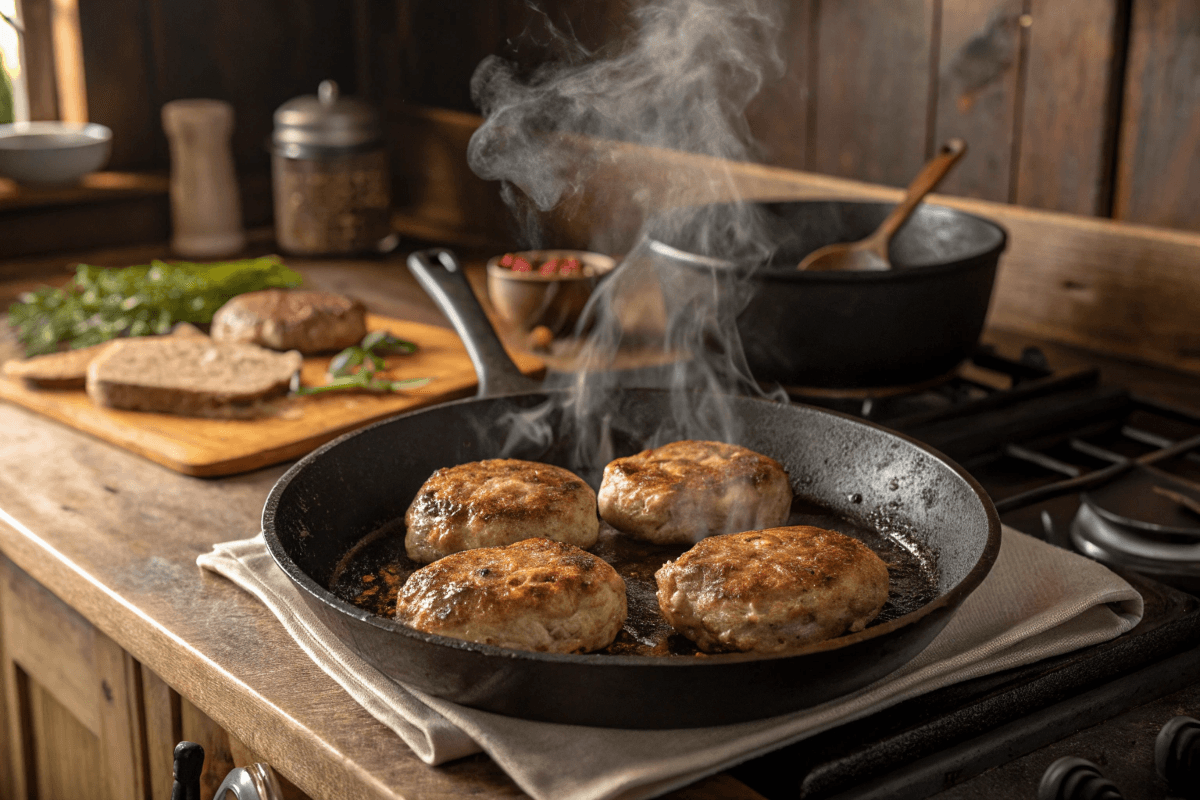 Juicy homemade breakfast sausage recipe sizzling in a cast iron skillet