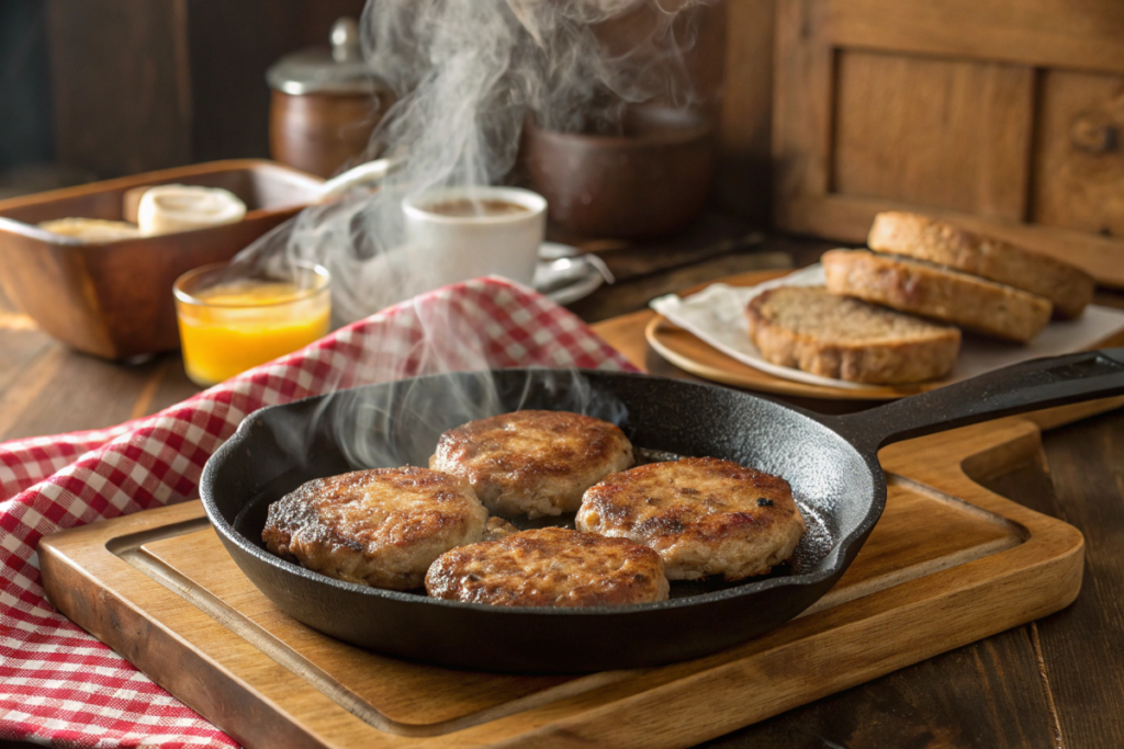 Juicy homemade breakfast sausage recipe sizzling in a cast iron skillet