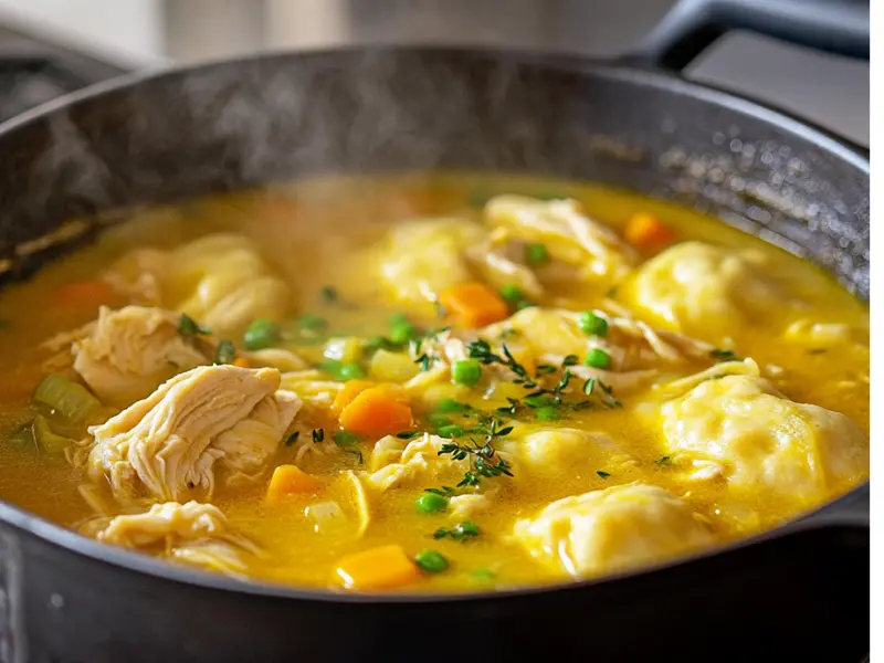 Jamaican chicken noodle soup cooking on a stovetop.