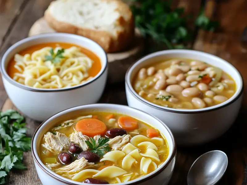 Three variations of Jamaican chicken noodle soup.