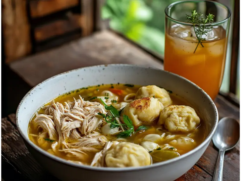 Jamaican chicken noodle soup with fried dumplings and sorrel drink.