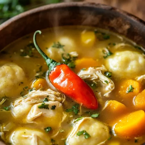 Authentic Jamaican chicken noodle soup with dumplings, chicken, and fresh herbs.