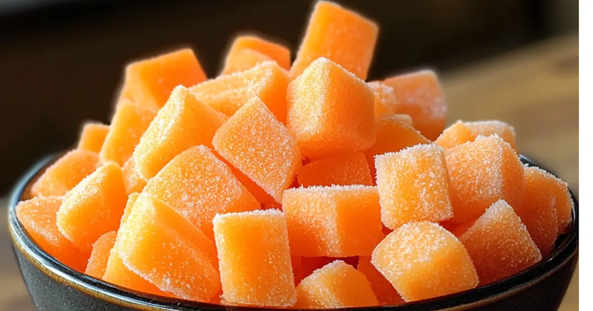 Frozen diced carrots in a bowl.