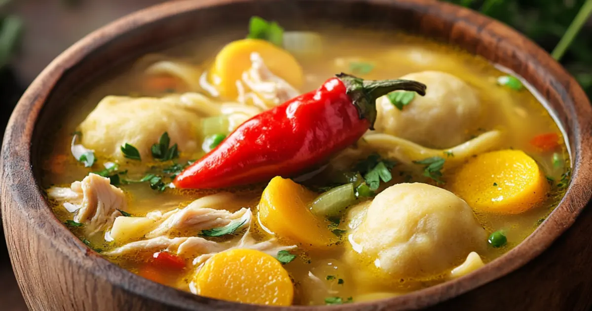 Authentic Jamaican chicken noodle soup with dumplings and fresh herbs.