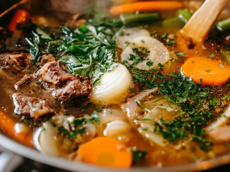 Bone broth simmering with herbs and vegetables.