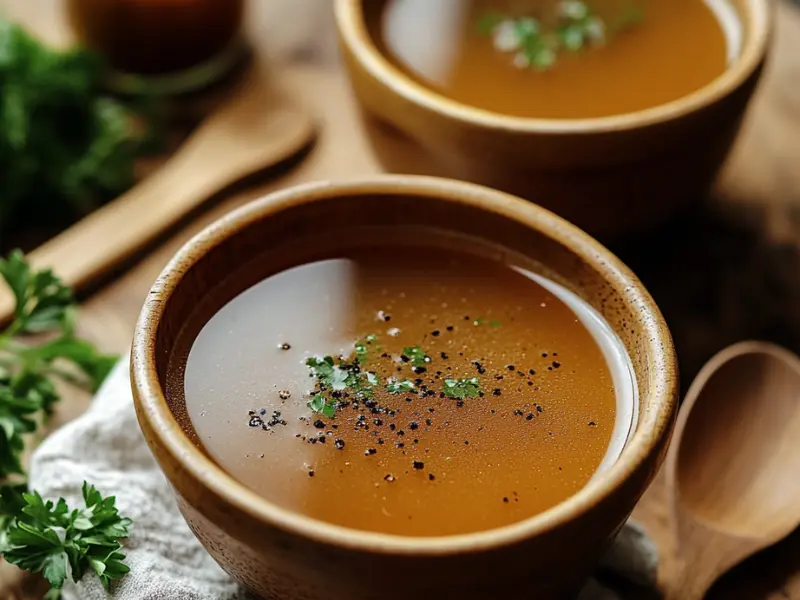 Bowls of homemade beef and chicken bone broth.