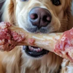 A happy dog chewing on a raw soup bone.