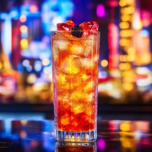 A vibrant Vegas Bomb cocktail in a highball glass with a neon-lit Las Vegas-themed background featuring poker chips and playing cards.